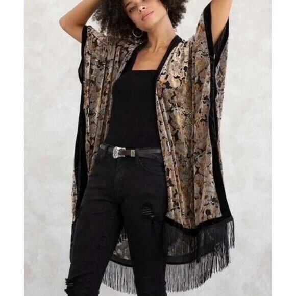 lovestitch Other - Lovestitch Velvet Burnout Fringe Kimono OS Floral Sheer Whimsigoth Boho Western